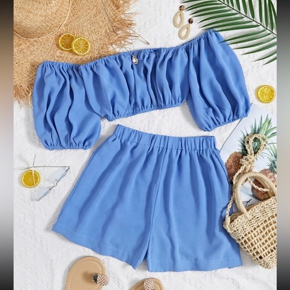 SHEIN Tops - Blue Off-Shoulder Puff Sleeve Crop Top & Shorts Set